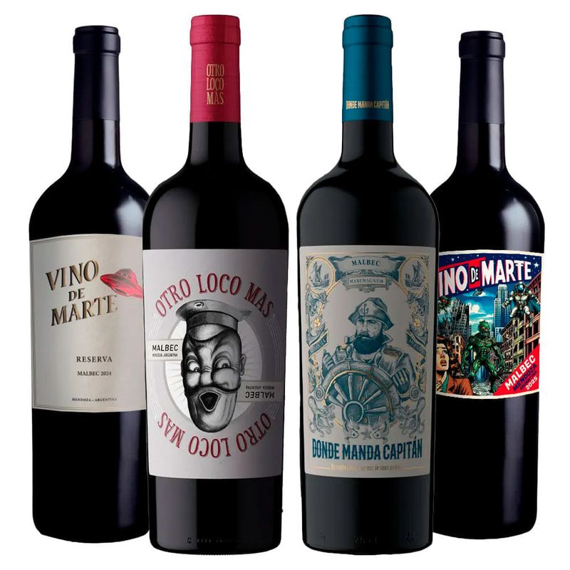 Kit 4 Vinhos Otro Loco Más, Donde Manda Capitán, Vino De Marte Reserva e Vino de Marte Malbec